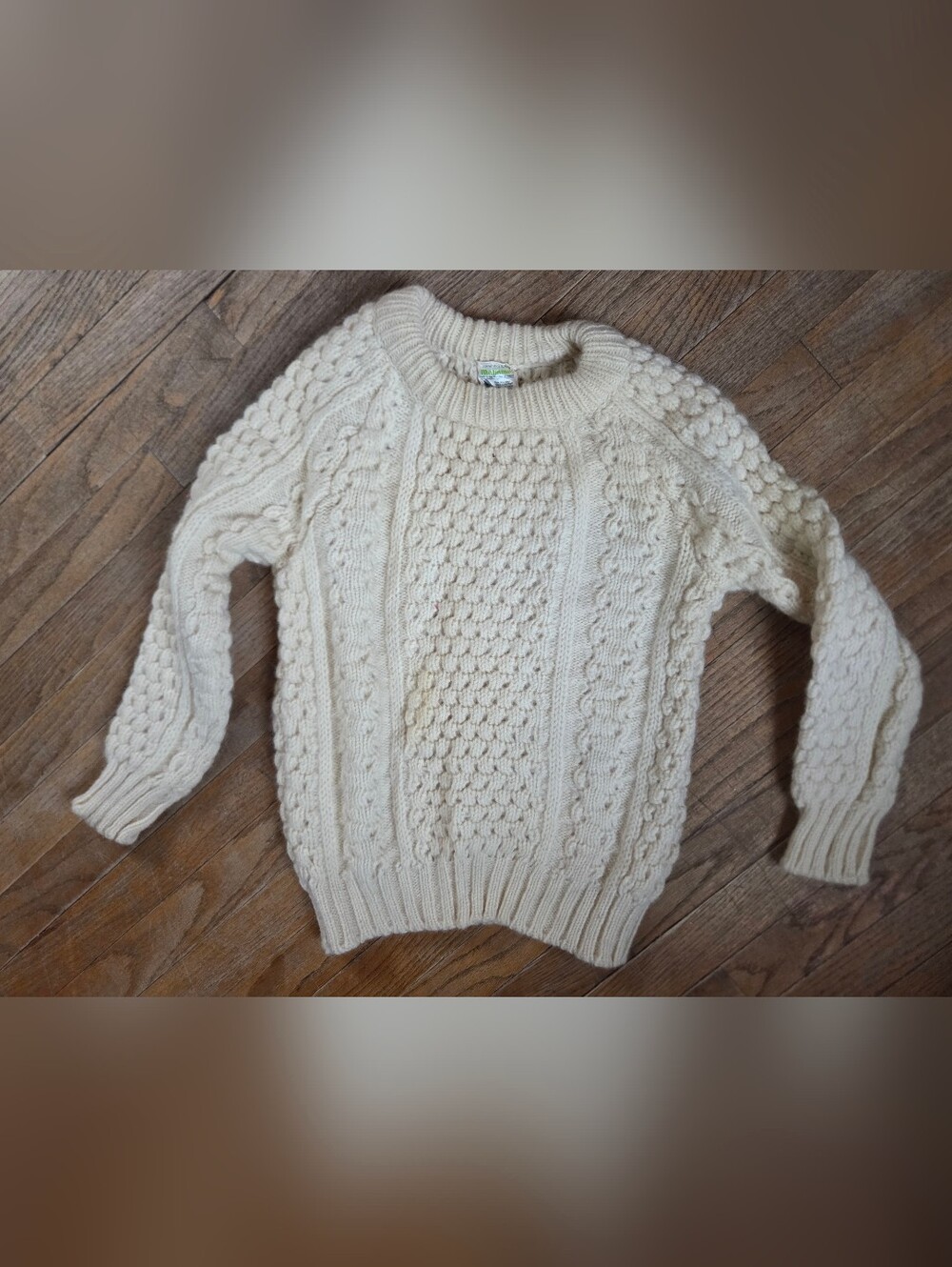 VTG Malinmor Small Pure Wool Ivory Fisherman Cardigan Sweater Made In Ireland